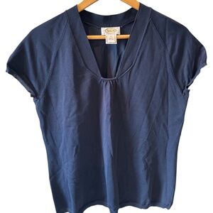 Talbots Top Womens Large Blue Short Sleeve Pleated Stretch Knit V-Neck Classic